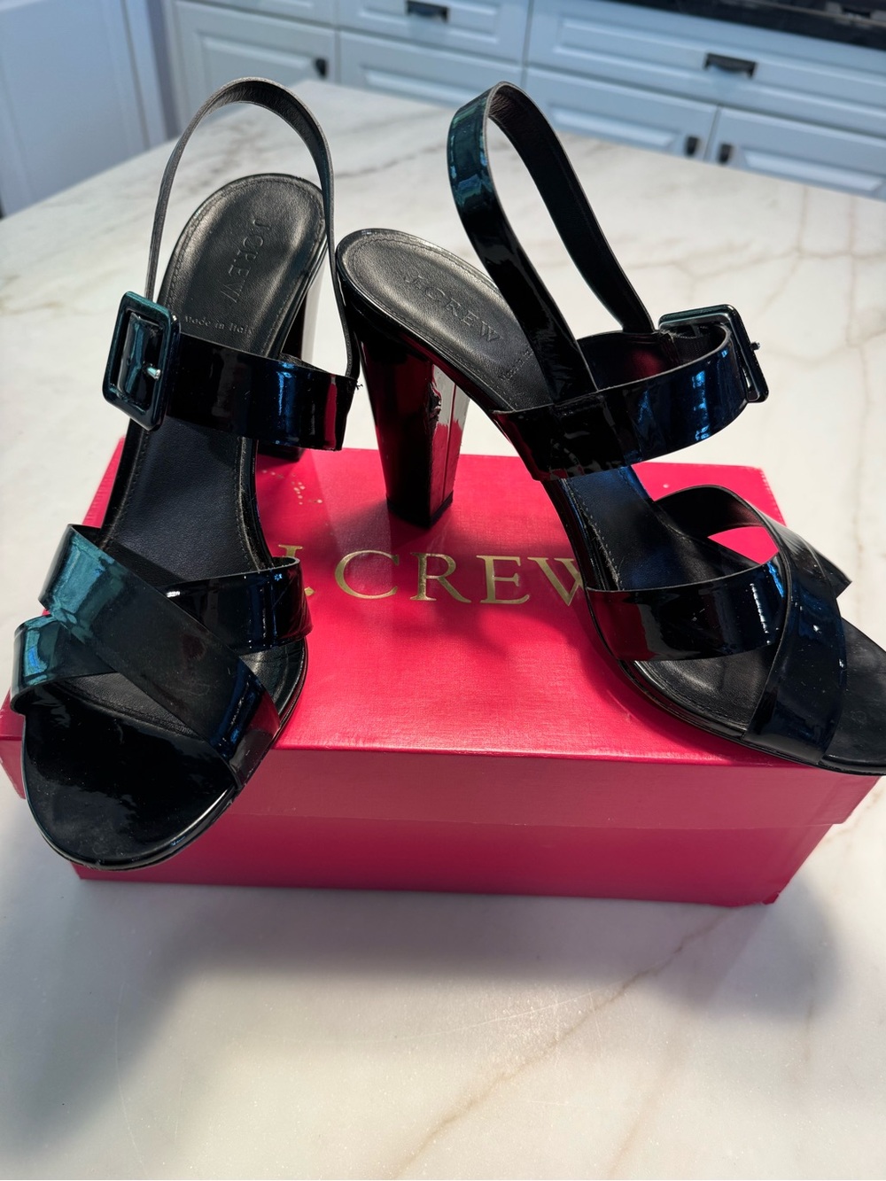 J. Crew Black Patent Leather Block Heel Slingbacks